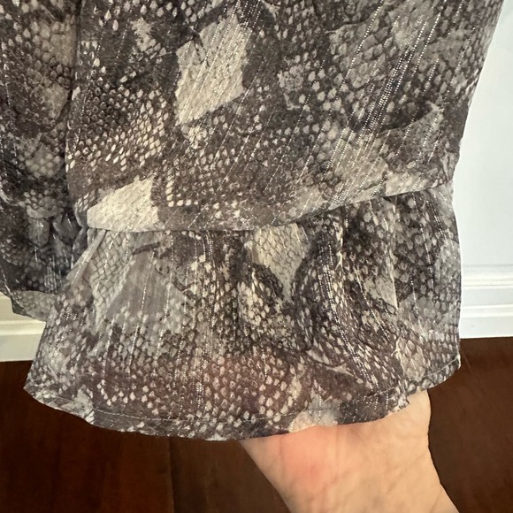 Wayf Revolve Women’s Snake Print Chiffon Keyhole Metallic Ruffle Mini Dress - Picture 10 of 13